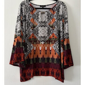Melissa Paige 2X Multicolor Long Bell Sleeve Top Shirt Colorful Geometric Buckle